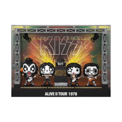 Figuras Funko Pop da banda KISS em palco com texto Alive II Tour 1978