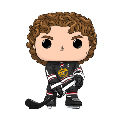 Boneco Funko Pop jogador hóquei no gelo com cabelo castanho, uniforme preto e stick