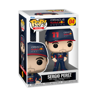 Figura Pop Funko de Sergio Perez da Oracle Red Bull Racing com fato de corrida azul dentro de caixa.