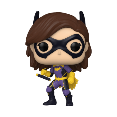 Figura Funko Pop de personagem com máscara preta e traje roxo e amarelo