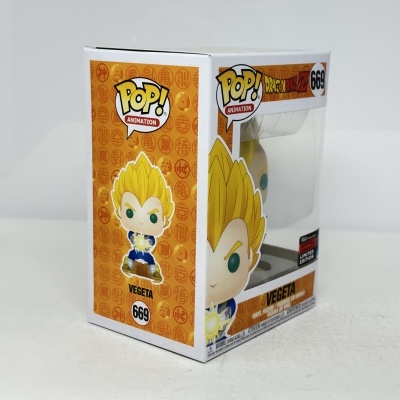 Caixa de vinil Funko Pop Dragon Ball Z Vegeta 669 com fundo laranja e símbolos