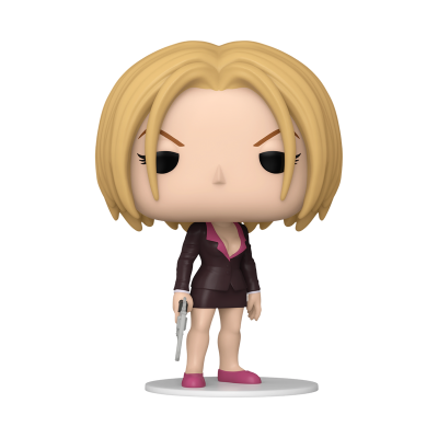 Figura de brinquedo Funko Pop com vestido preto e decote rosa, cabelo loiro e arma