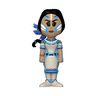 Figurine de brinquedo com pintura facial azul e branca e vestido com padrões azuis
