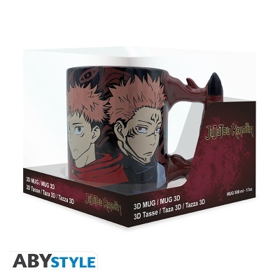 Caneca 3D Jujutsu Kaisen com pega em forma de mão na embalagem