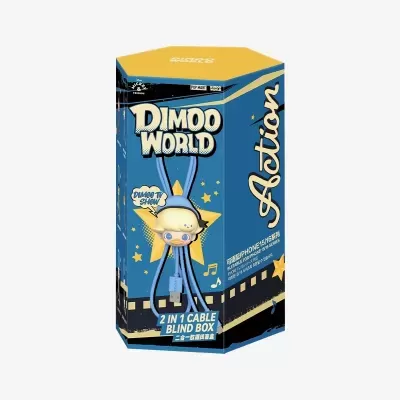 Caixa hexagonal azul e amarela Dimoo World com cabo 2 em 1 para iPhone