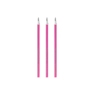Três lápis cor-de-rosa com pontas metálicas e tampas brancas, texto branco impresso no corpo sobre fundo branco