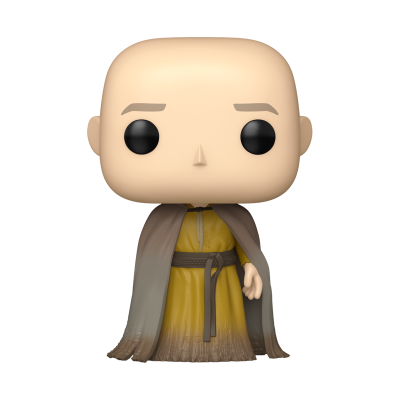Figura colecionável Funko Pop personagem careca com túnica amarela e capa cinza