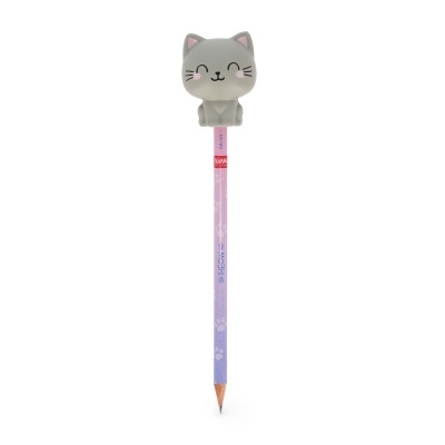Lápis rosa com cabeça de gato cinzenta no topo