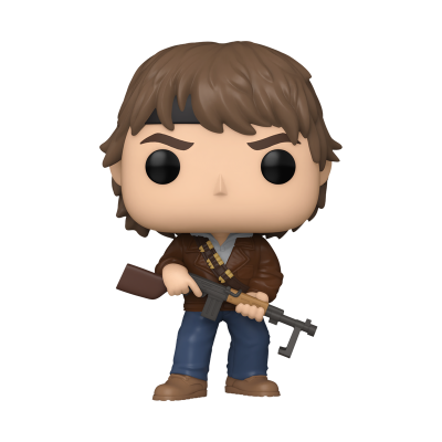 Figura Funko Pop de personagem masculino com jaqueta castanha segurando arma de brinquedo.