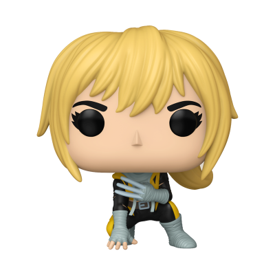 Figura de vinil colecionável com cabelo louro e roupa preta com amarelo