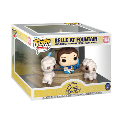 Funko Pop! Moment Belle at Fountain com duas ovelhas e fonte em embalagem amarelo