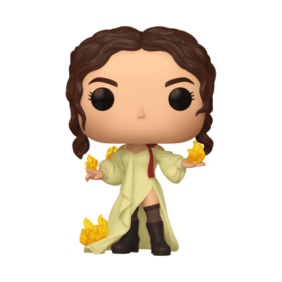 Figura Funko Pop com vestido amarelo e chamas amarelas nas mãos