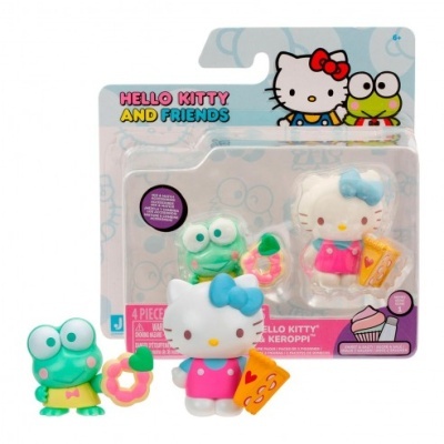 Brinquedos Hello Kitty and Friends com figuras de Hello Kitty e Keroppi em embalagem de plástico transparente.