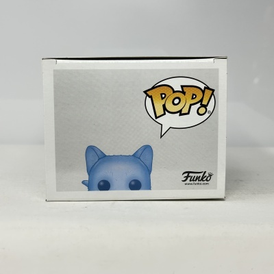 Caixa de Funko Pop com imagem de boneco azul e texto POP!