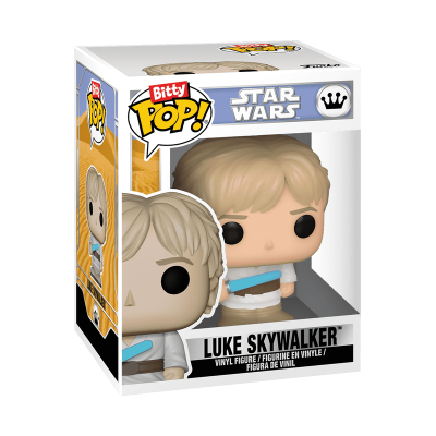 Figura de vinil Luke Skywalker da série Star Wars em caixa de embalagem branca e amarela