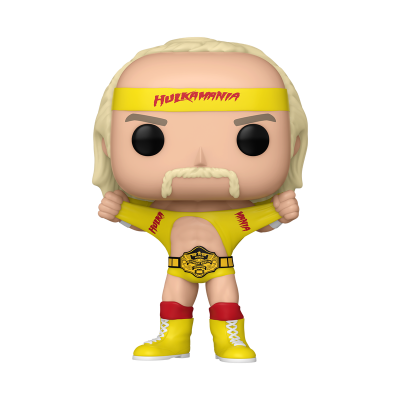 Figura Funko Pop de lutador de wrestling com roupa amarela e fita 'HULKAMANIA'