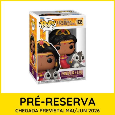 Figura Funko Pop Esmeralda & Djali em caixa com aviso de pré-reserva e data prevista de chegada.