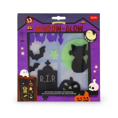 Autocolantes de gel para janelas Halloween com morcegos, gato, lápide R.I.P. e abóboras em embalagem roxa