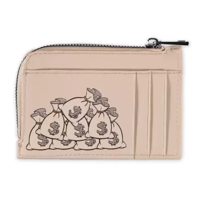 Carteira bege com zip e sacos de dinheiro bordados.