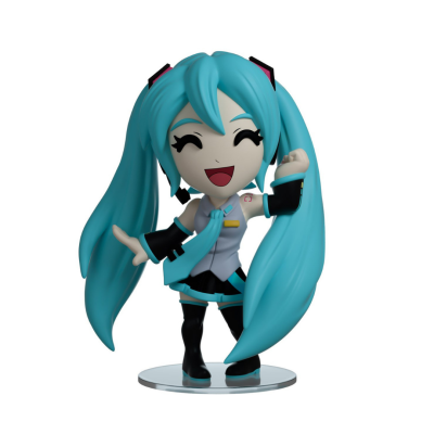 Figura colecionável anime chibi cabelo azul roupa cinza preta e azul base transparente