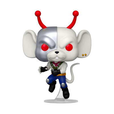 Figura Funko Pop de rato com cara metade prateada e vermelha e roupa colorida.