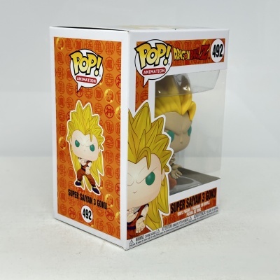 Caixa POP! Animation Super Saiyan 3 Goku vinil nº 492 com fundo laranja e figura visível com cabelo amarelo
