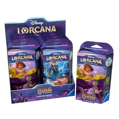 Decks de cartas Disney Lorcana Ursula's Return com embalagem roxa e ilustrações de personagens