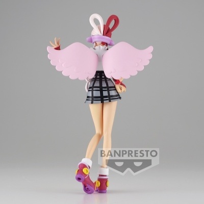 Figura Banpresto com asas rosas, saia aos quadrados, botas roxas e laço com orelhas de coelho