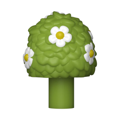 Peça verde em forma de cogumelo com flores brancas e centro amarelo