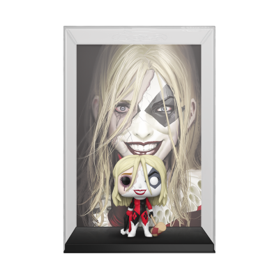 Miniatura Funko Pop da Arlequina com caixa e imagem de fundo