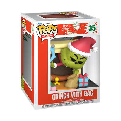 Figura Funko Pop Deluxe Grinch com saco dentro de chaminé em caixa