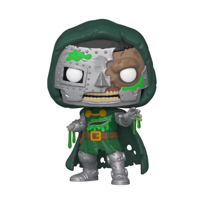 Figura colecionável Funko Pop com meio rosto metálico e meio rosto queimado, vestindo capa verde