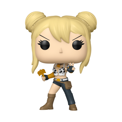 Figura Funko Pop feminina loira com roupa de vaqueira segurando objeto dourado