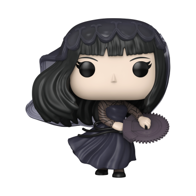 Figura Funko Pop feminina com vestido e véu roxos segurando ferramenta circular roxa