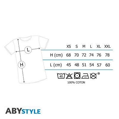 Tabela de tamanhos de t-shirts ABYSTYLE com instruções de lavagem e composição 100% algodão.