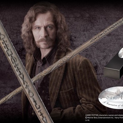 Varinhas mágicas com inscrições, caixa preta e selo Sirius Black em fundo escuro