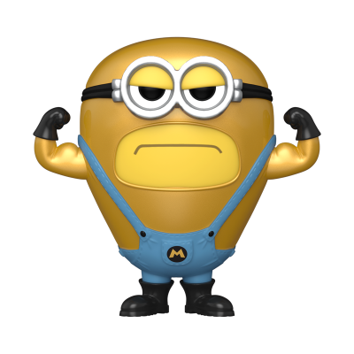Figura de Minion amarelo a mostrar músculos com macacão azul e óculos.