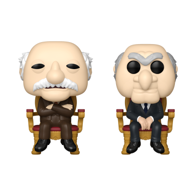 Duas figuras Funko Pop de homens idosos sentados em cadeiras.