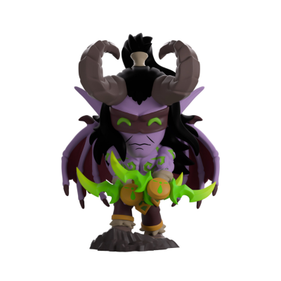 Figura colecionável com chifres, asas e armas verdes em estilo cartoon