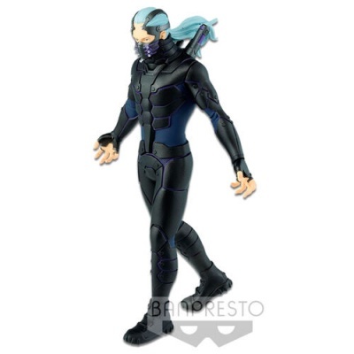 Figura de ação personagem fato preto azul com capacete e cabelo azul