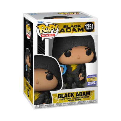 Figura em vinil POP! Movies Black Adam nº 1251 com capa preta e símbolo de raio amarelo no peito