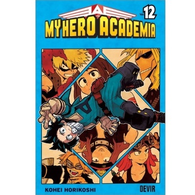 Capa do Volume 12 do manga My Hero Academia com personagens em estilo anime e fundo azul
