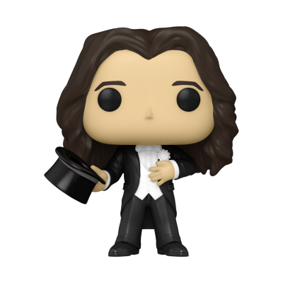 Figura Funko Pop de homem com cabelo castanho comprido e fato preto com colete branco segurando chapéu de cartola