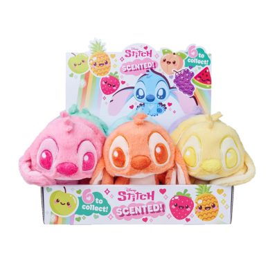 Brinquedos de peluche Disney Stitch coloridos em caixa com desenhos e texto