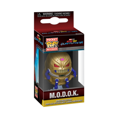 Chaveiro Pocket Pop! M.O.D.O.K. em caixa vermelha e preta com personagem dourada e azul.