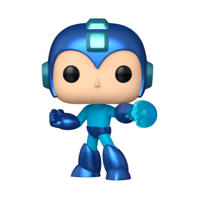 Figura Funko Pop de Mega Man com capacete e acessórios azuis.