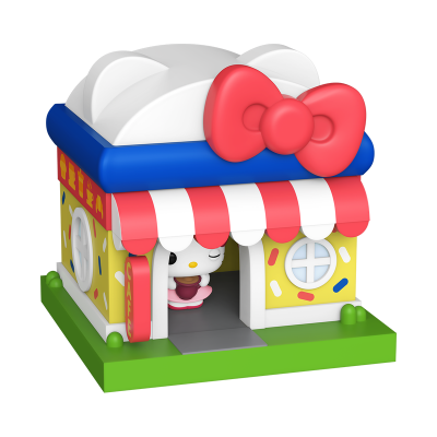 Loja de brinquedo colorida com personagem dentro e base verde