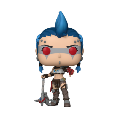 Figura Funko Pop de guerreira com cabelo azul e olhos vermelhos