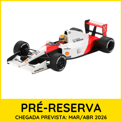 Miniatura de carro de Fórmula 1 branco e vermelho com logotipos e texto de pré-reserva em fundo branco e amarelo.