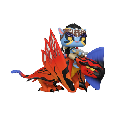 Figura Funko Pop de personagem azul sentada num dragão vermelho e preto com asas vermelhas.